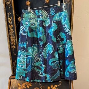 Tory Burch A-Line Skirt in Navy and Turquoise Paisley